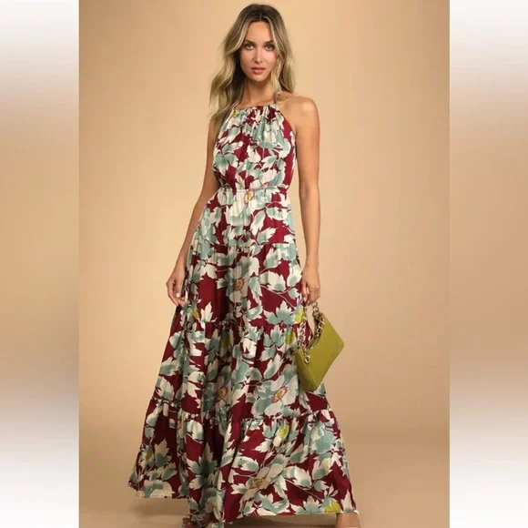 Lulu's Heat Wave Babe Burgundy Floral Print Tie-Back Tiered Maxi Dress - Picture 2 of 6
